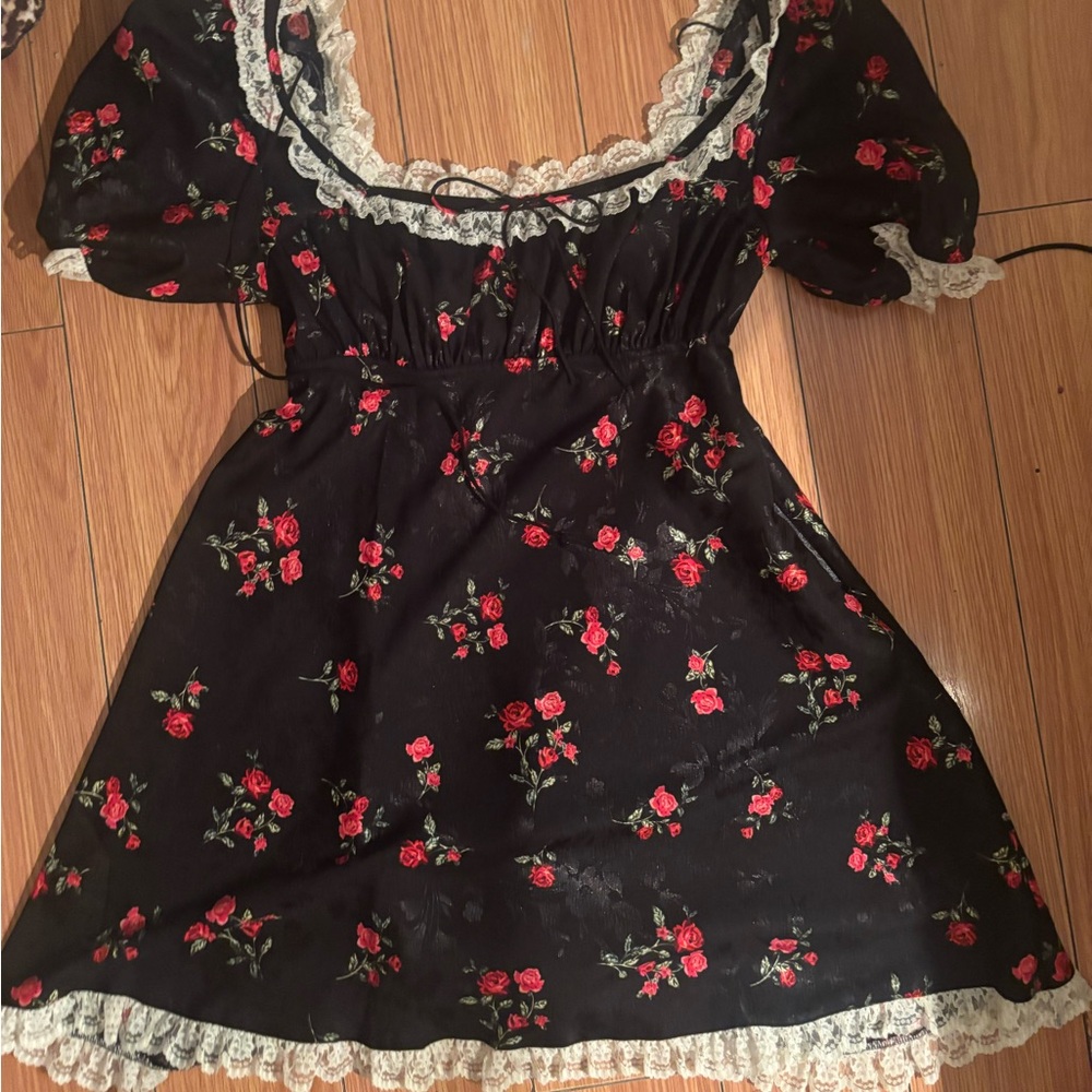 For Love & Lemons Black Floral Rose-Print Dress